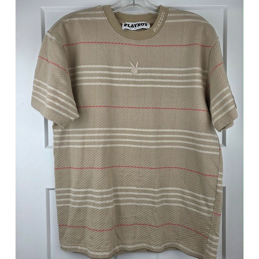 PLAYBOY by PacSun Tan Striped Shirt Mens Size Medium Embroidered Bunny‎ Logo
